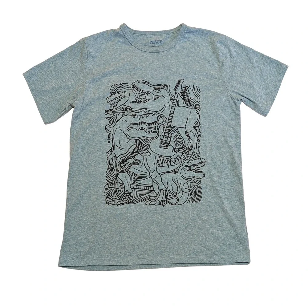 Childrens Place Boys XL 14 Blue Heather Dinosaur Guitar Graphic T-Shirt